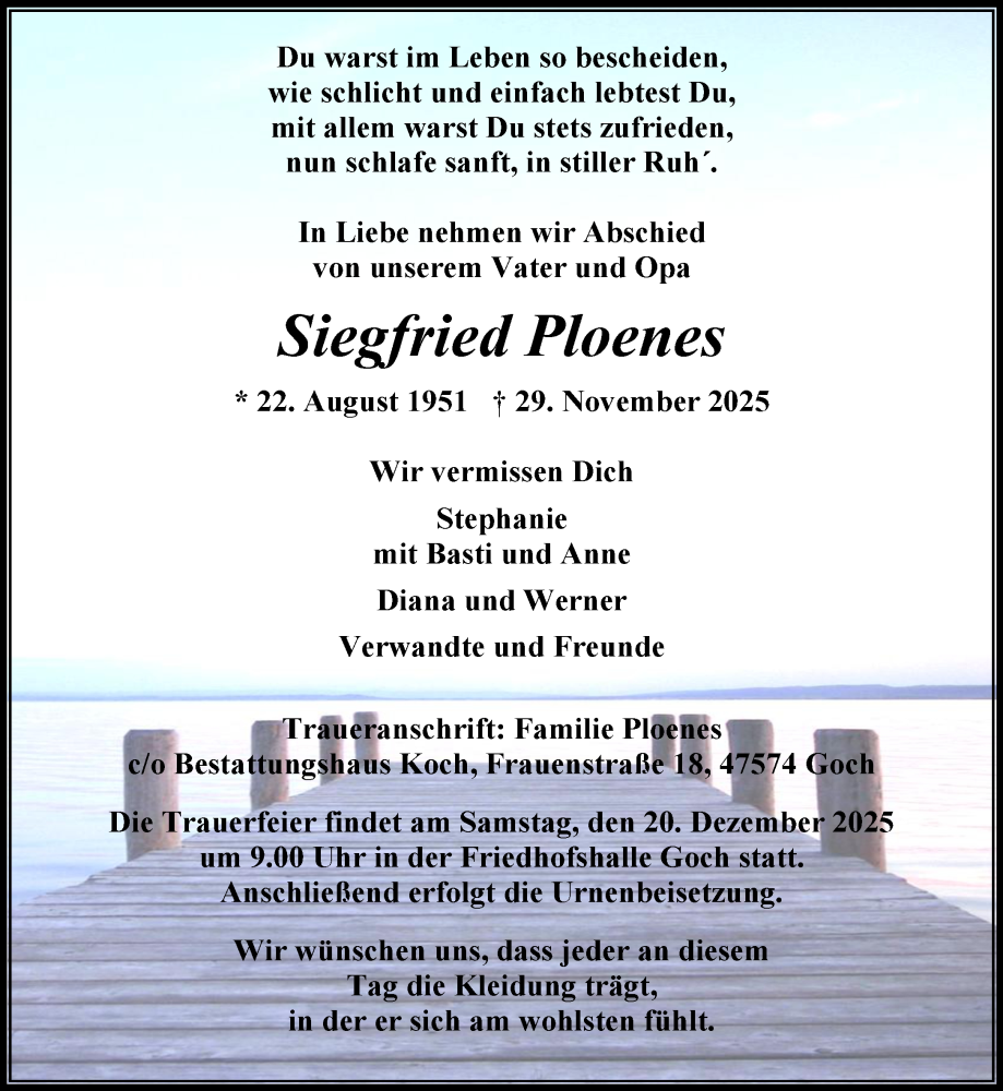  Traueranzeige für Siegfried Ploenes vom 13.12.2025 aus NNA