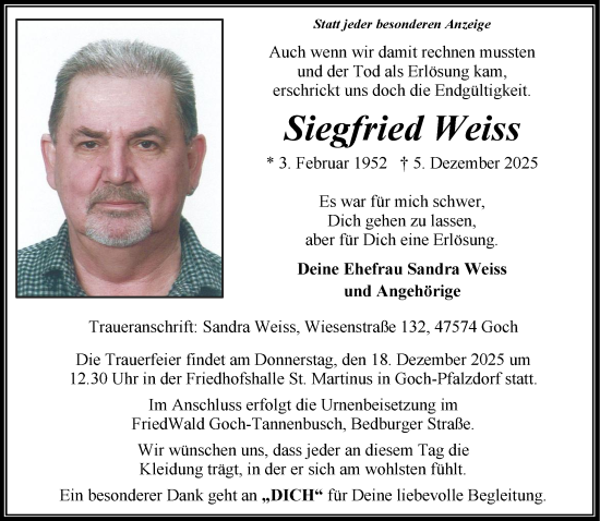 Traueranzeige von Siegfried Weiss von NNA