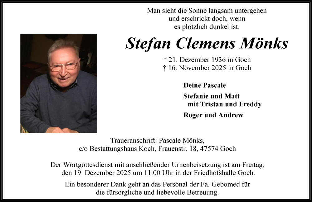  Traueranzeige für Stefan Clemens Mönks vom 13.12.2025 aus NNA