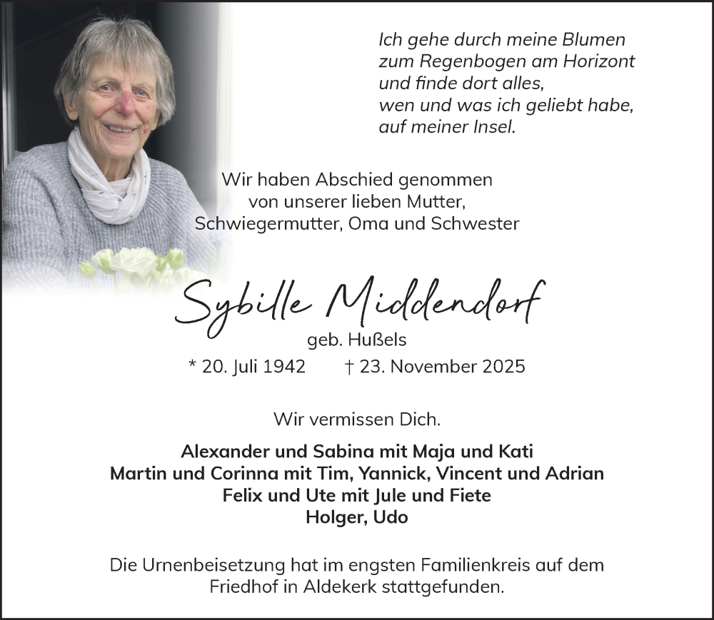  Traueranzeige für Sybille Middendorf vom 20.12.2025 aus NNA