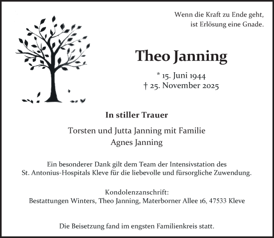 Traueranzeige von Theo Hans Janning von NNA