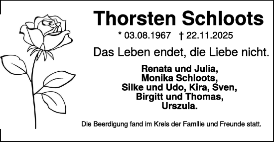 Traueranzeige von Thorsten Schloots von NNA