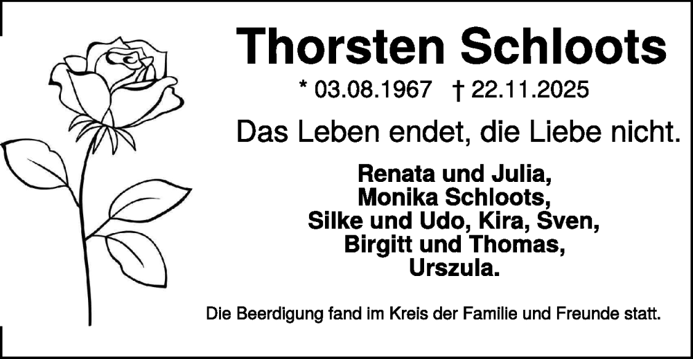  Traueranzeige für Thorsten Schloots vom 06.12.2025 aus NNA