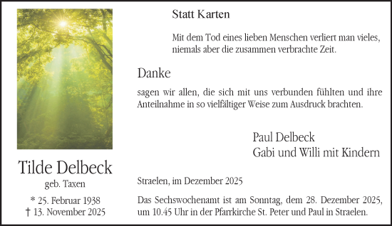 Traueranzeige von Tilde Delbeck von NNA