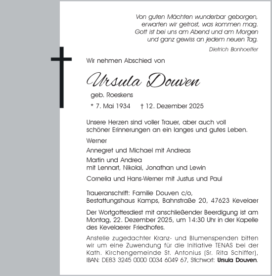 Traueranzeige von Ursula Douven von NNA