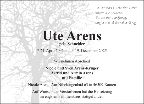 Traueranzeige von Ute Arens von NNA