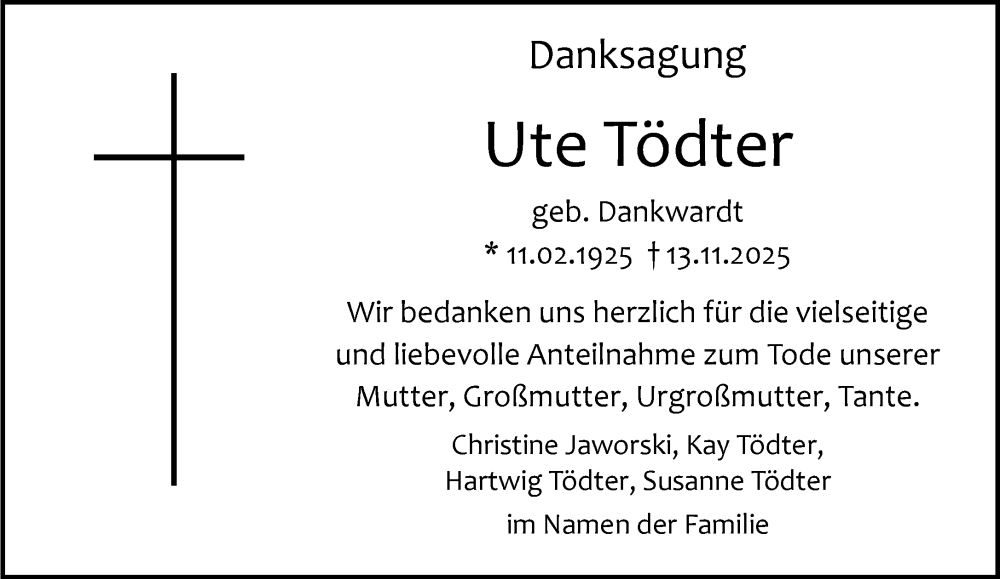  Traueranzeige für Ute Tödter vom 13.12.2025 aus NNA