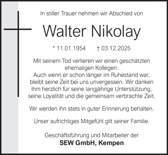 Traueranzeige von Walter Nikolay von NNA