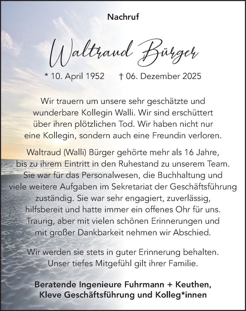  Traueranzeige für Waltraud Bürger vom 20.12.2025 aus NNA