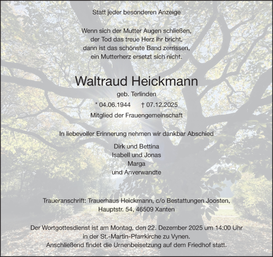 Traueranzeige von Waltraud Heickmann von NNA