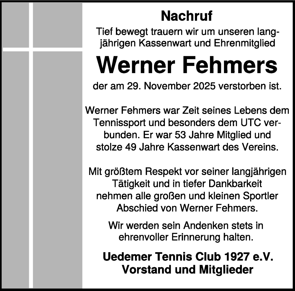  Traueranzeige für Werner Fehmers vom 13.12.2025 aus NNA