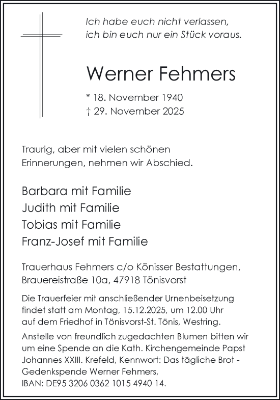 Traueranzeige von Werner Fehmers von NNA