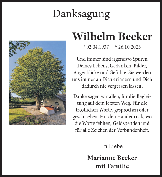 Traueranzeige von Wilhelm Beeker von NNA