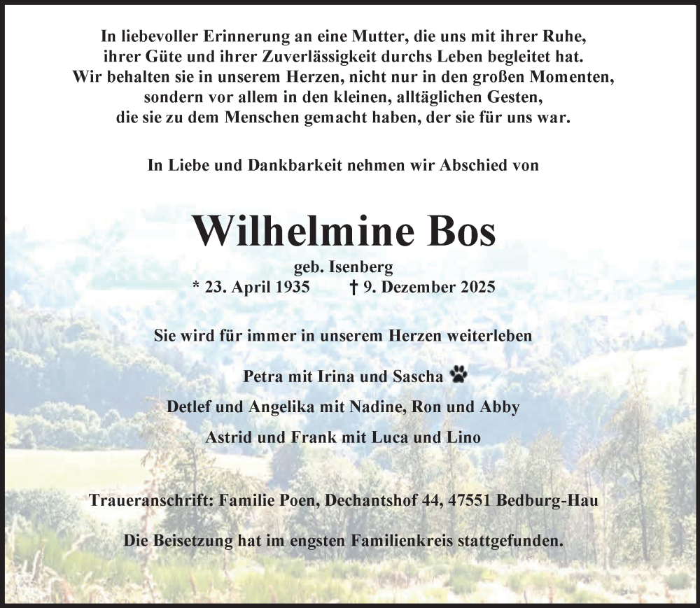  Traueranzeige für Wilhelmine Bos vom 20.12.2025 aus NNA