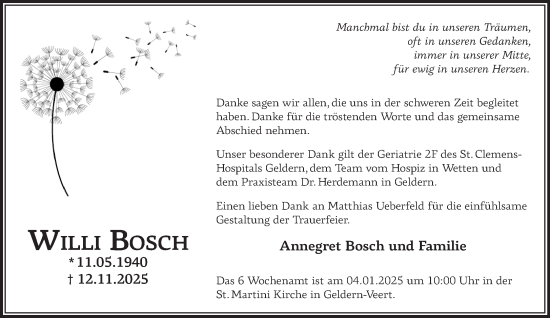 Traueranzeige von Willi Bosch von NNA
