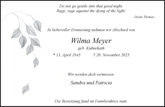 Traueranzeige von Wilma Meyer von NNA
