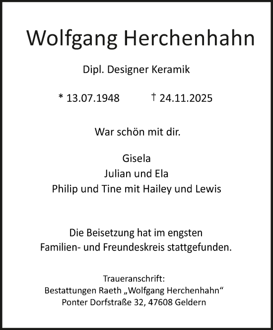 Traueranzeige von Wolfgang Herchenhahn von NNA