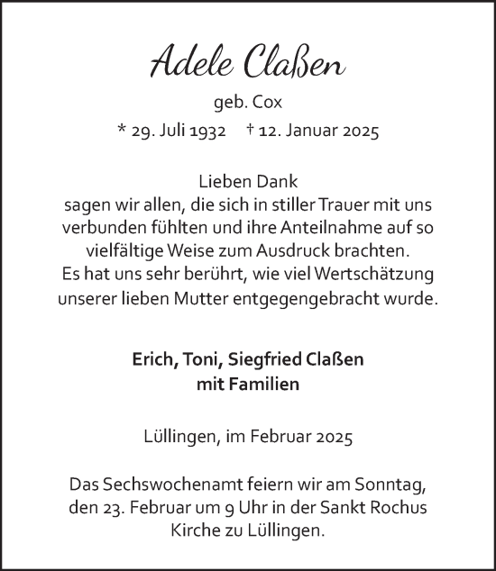 Traueranzeige von Adele Claßen von NNA