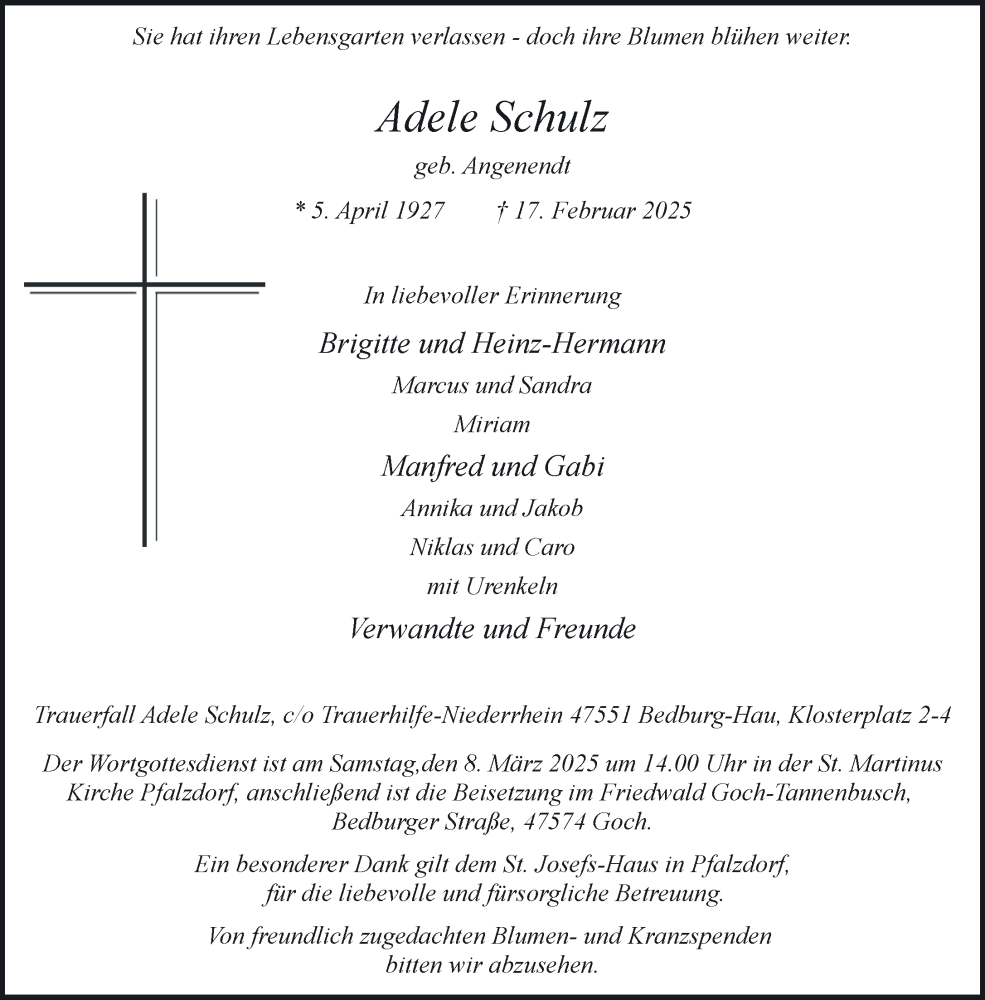  Traueranzeige für Adele Schulz vom 01.03.2025 aus NNA