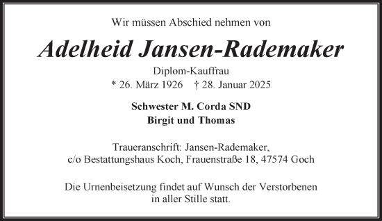 Traueranzeige von Adelheid Jansen-Rademaker von NNA