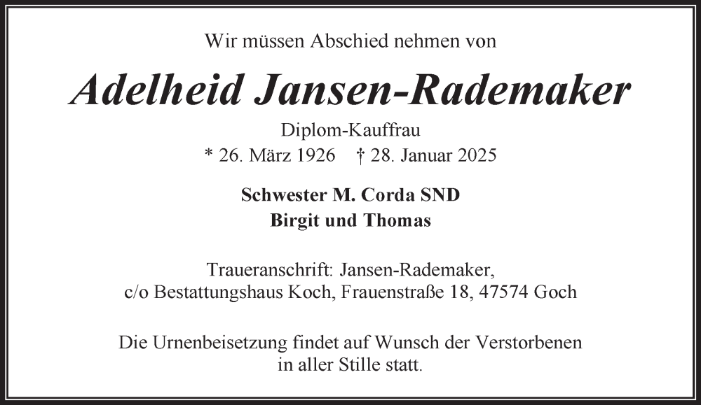  Traueranzeige für Adelheid Jansen-Rademaker vom 08.02.2025 aus NNA