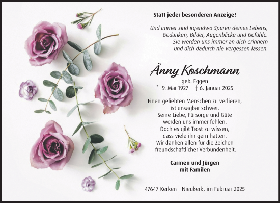 Traueranzeige von Änny Koschmann von NNA