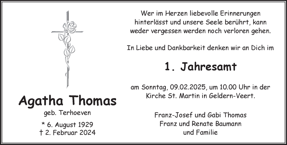  Traueranzeige für Agatha Thomas vom 01.02.2025 aus NNA