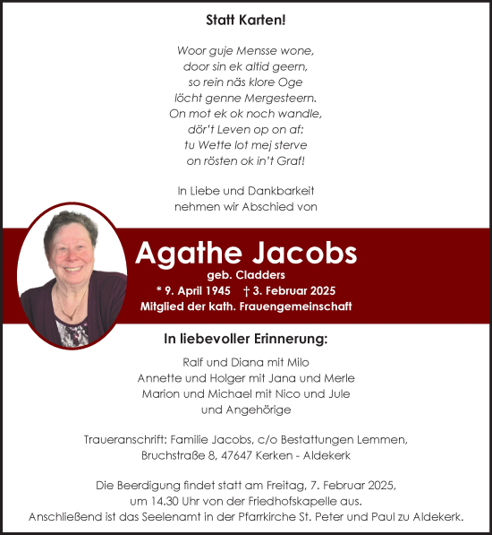 Traueranzeige von Agathe Jacobs von NNA