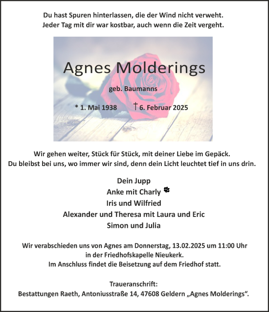 Traueranzeige von Agnes Molderings von NNA