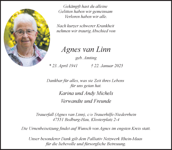 Traueranzeige von Agnes van Linn von NNA