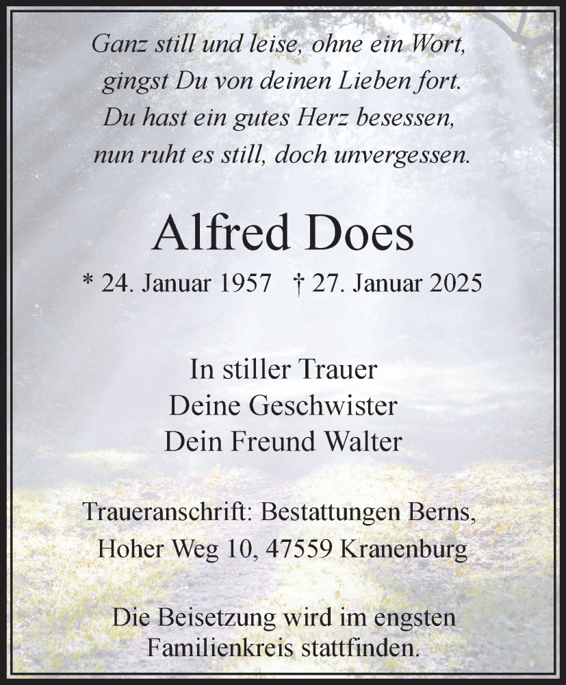  Traueranzeige für Alfred Does vom 01.02.2025 aus NNA