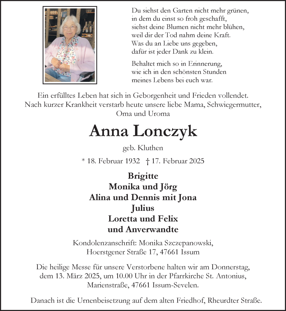  Traueranzeige für Anna Lonczyk vom 01.03.2025 aus NNA