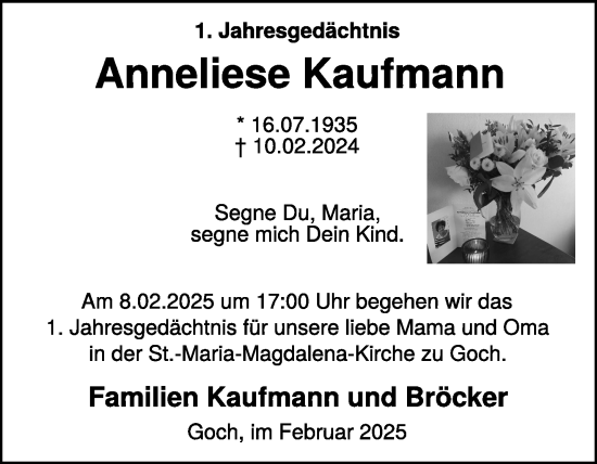 Traueranzeige von Anneliese Kaufmann von NNA