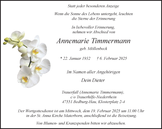 Traueranzeige von Annemarie Timmermann von NNA