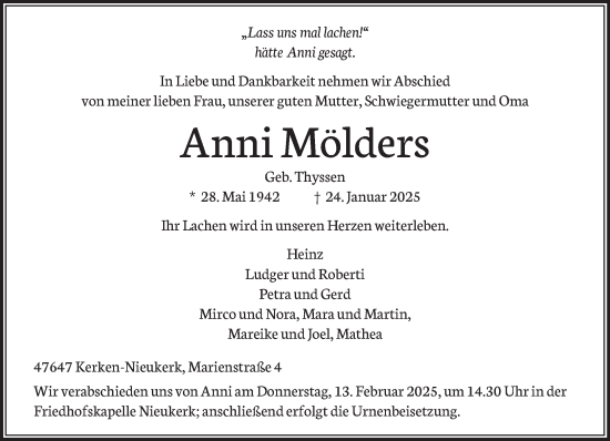 Traueranzeige von Anni Mölders von NNA