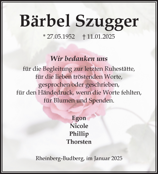 Traueranzeige von Bärbel Szugger von NNA