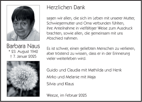 Traueranzeige von Barbara Naus von NNA