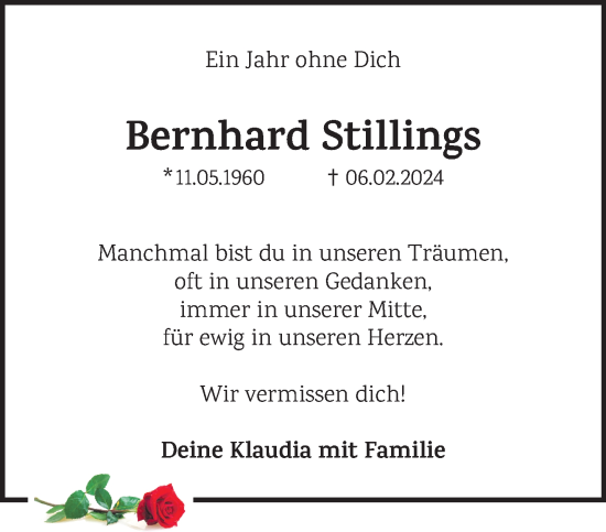 Traueranzeige von Bernhard Stillings von NNA