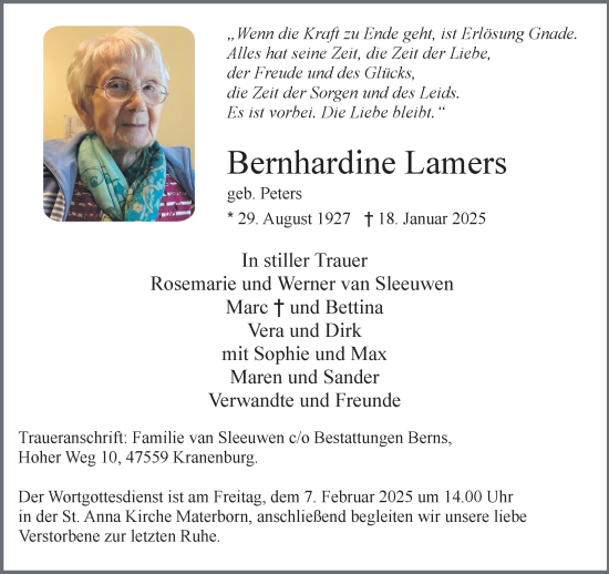 Traueranzeige von Bernhardine Lamers von NNA