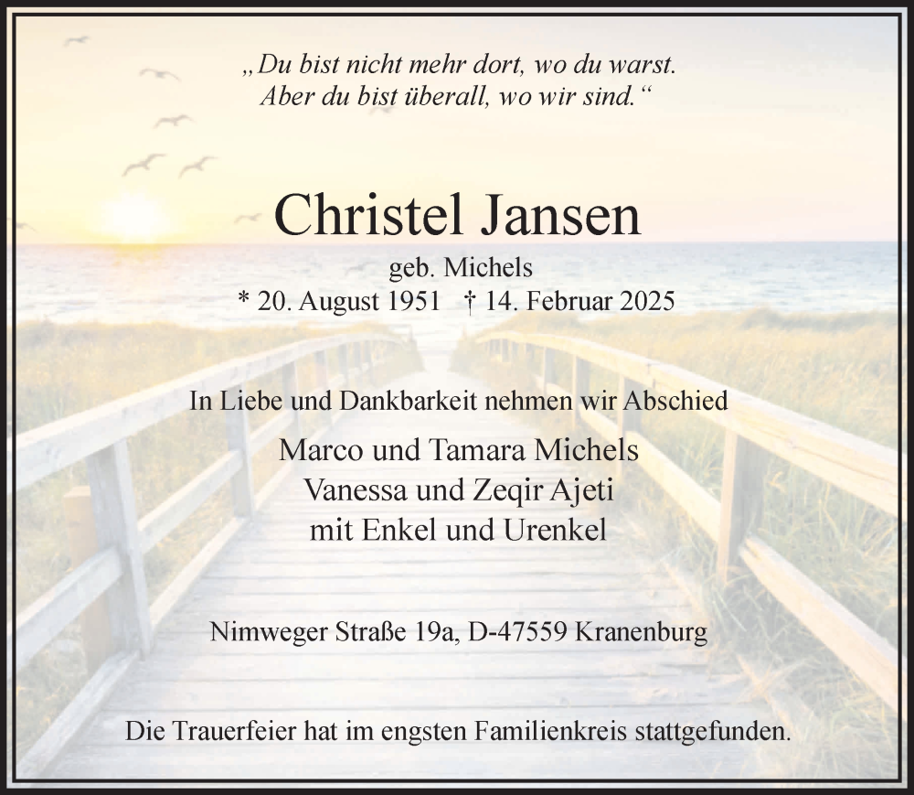  Traueranzeige für Christel Jansen vom 01.03.2025 aus NNA