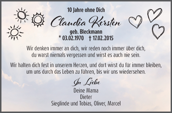 Traueranzeige von Claudia Kersten von NNA