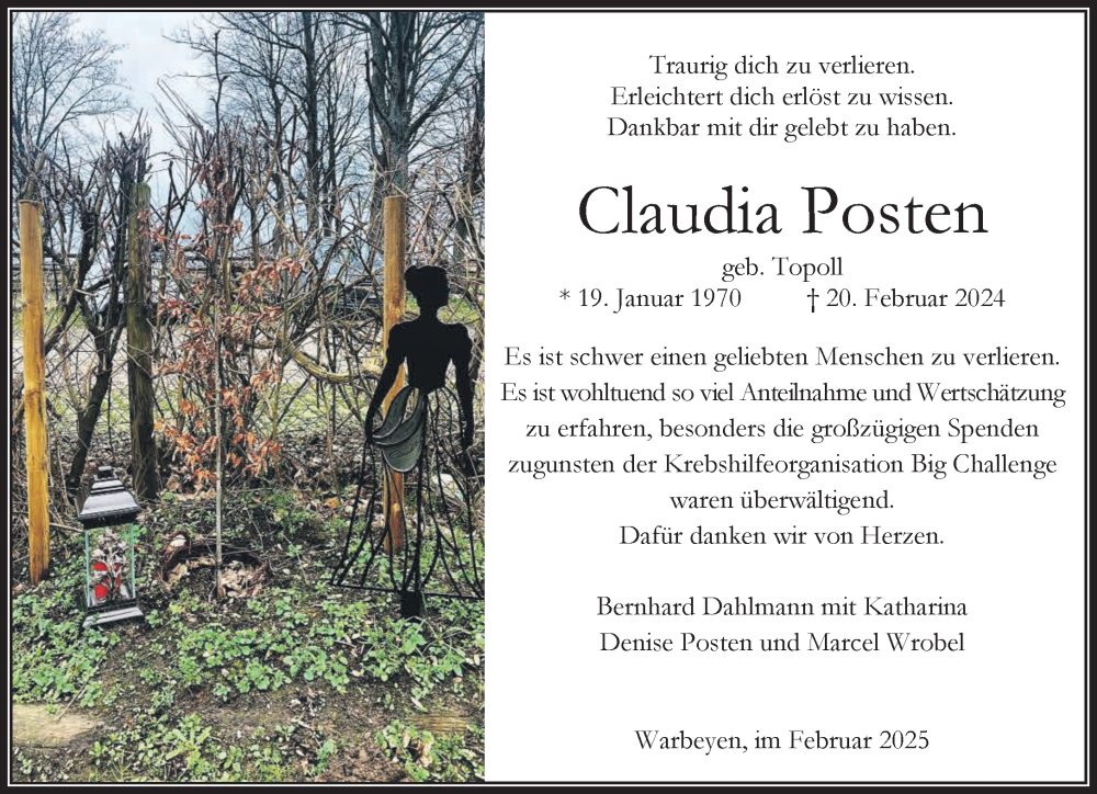  Traueranzeige für Claudia Posten vom 22.02.2025 aus NNA