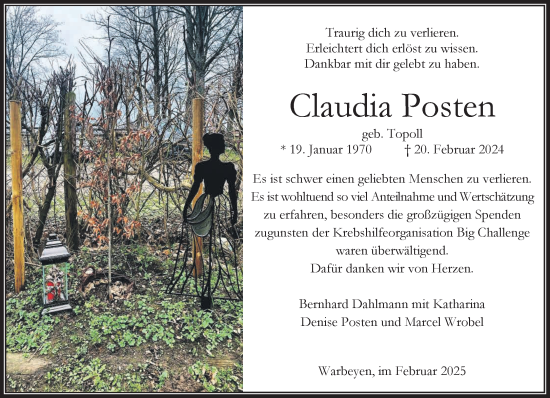 Traueranzeige von Claudia Posten von NNA