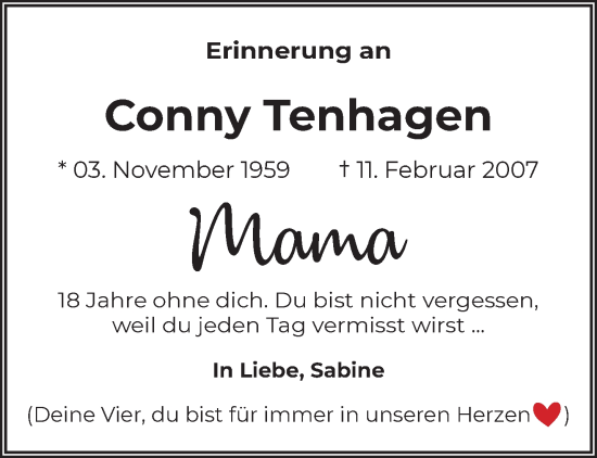 Traueranzeige von Conny Tenhagen von NNA