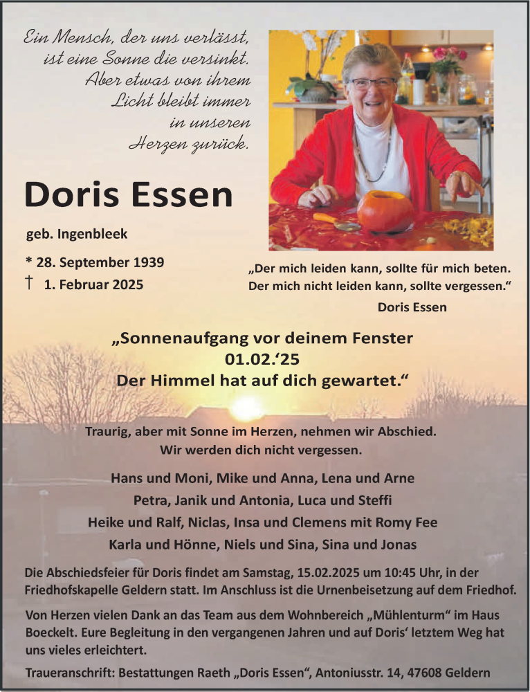  Traueranzeige für Doris Essen vom 08.02.2025 aus NNA