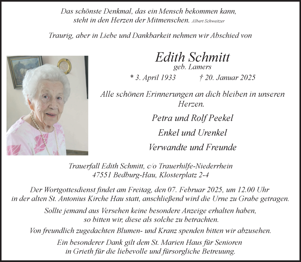  Traueranzeige für Edith Schmitt vom 01.02.2025 aus NNA