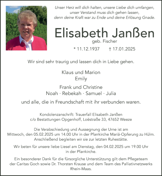 Traueranzeige von Elisabeth Janßen von NNA