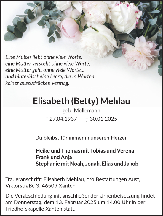 Traueranzeige von Elisabeth Mehlau von NNA