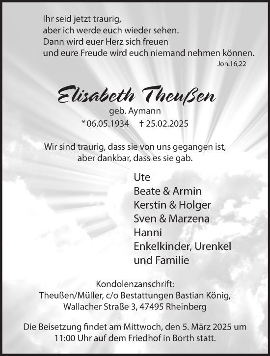 Traueranzeige von Elisabeth Theußen von NNA