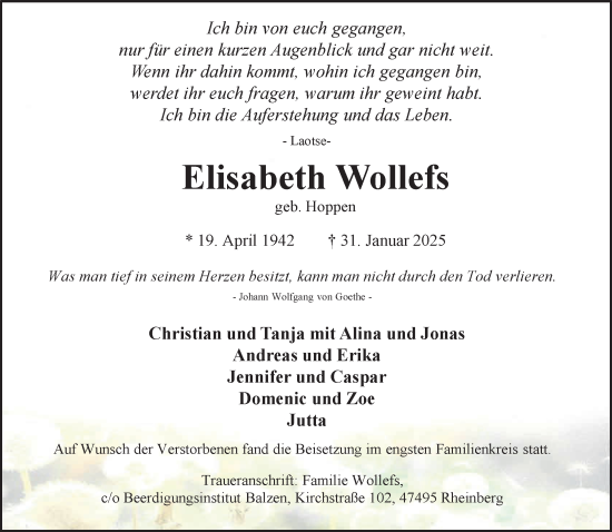 Traueranzeige von Elisabeth Wollefs von NNA